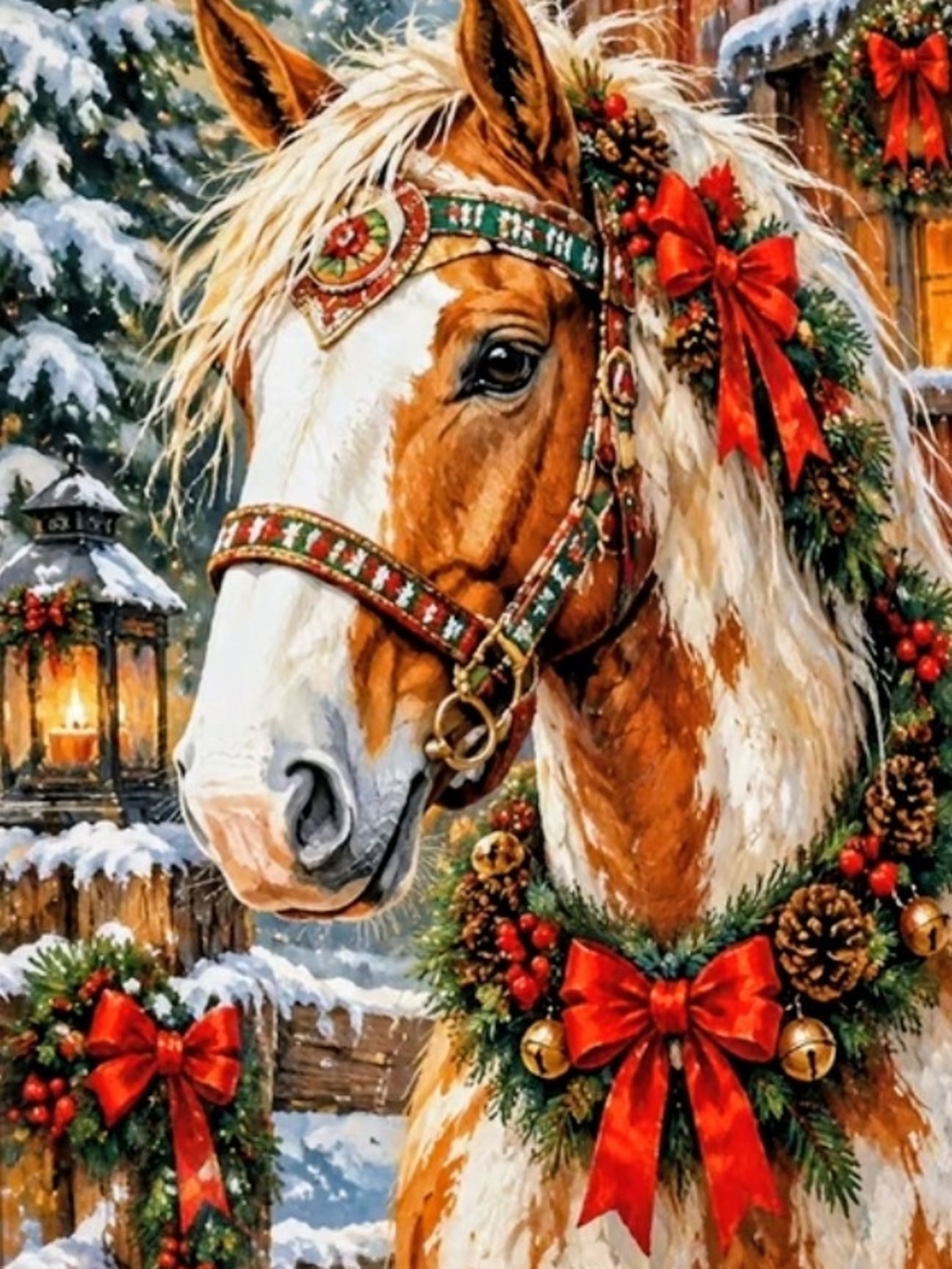 Festive Chestnut Horse Holiday Wall Art - Red Wreath Design 8x10 Print